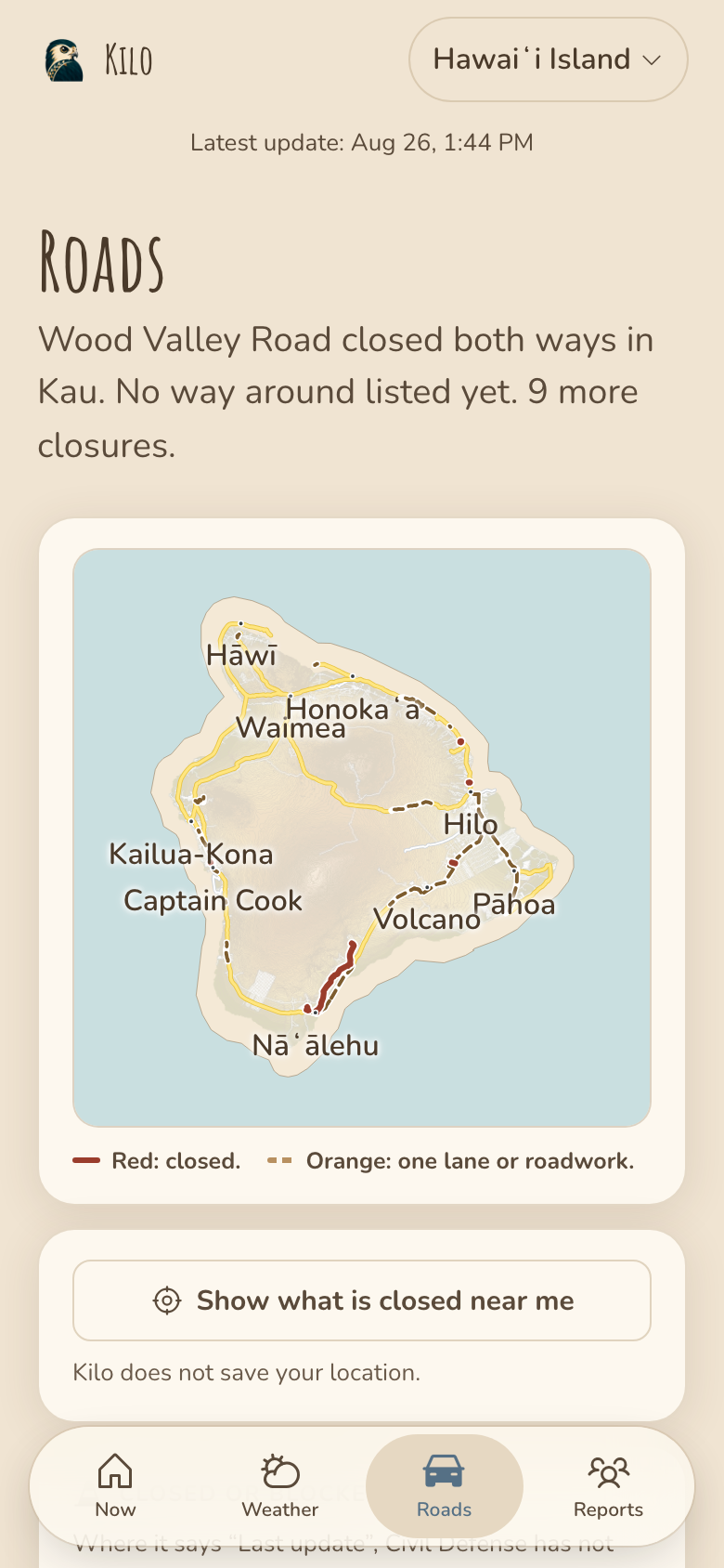 The Roads page: the island with every closure drawn on it